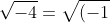 \sqrt{-4}=\sqrt{(-1)(4)}=\sqrt{-1}\sqrt{4}=2\sqrt{-1}=2i